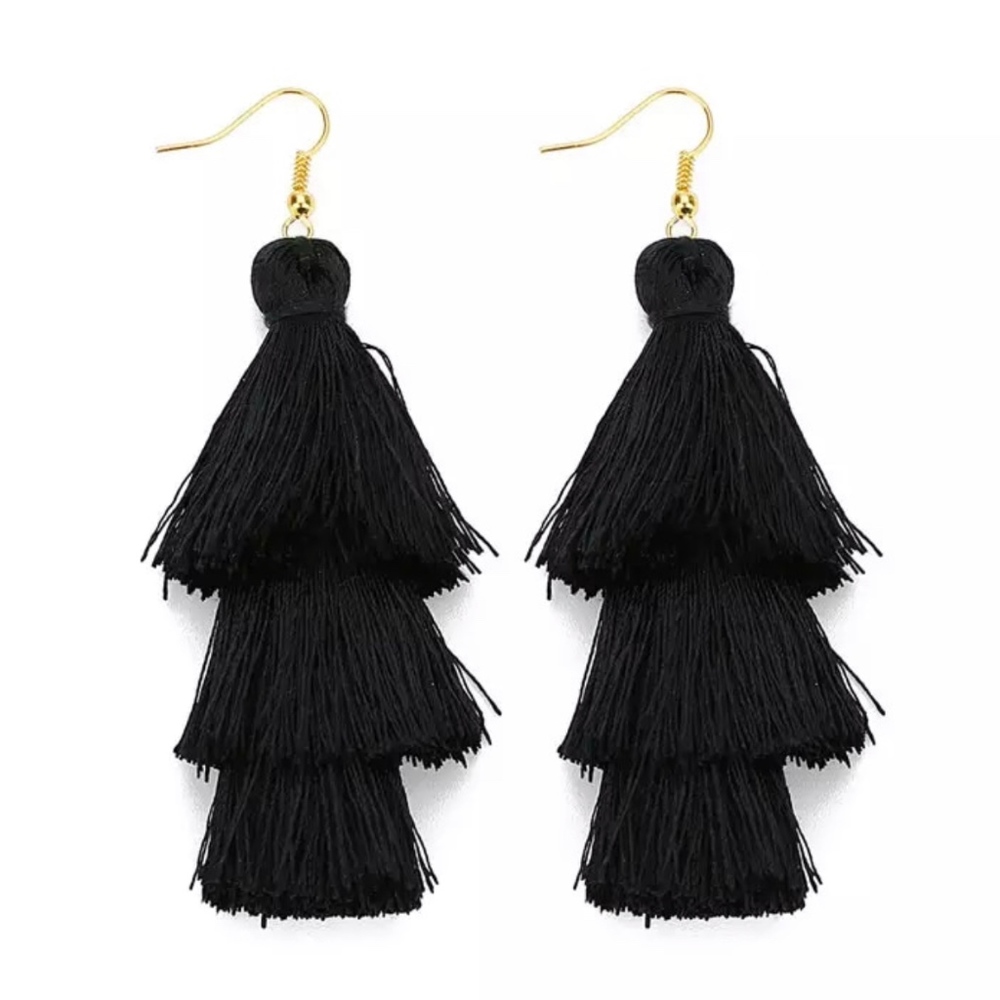 Bohemian 3- Layered Tassel Fringe Earrings- Black